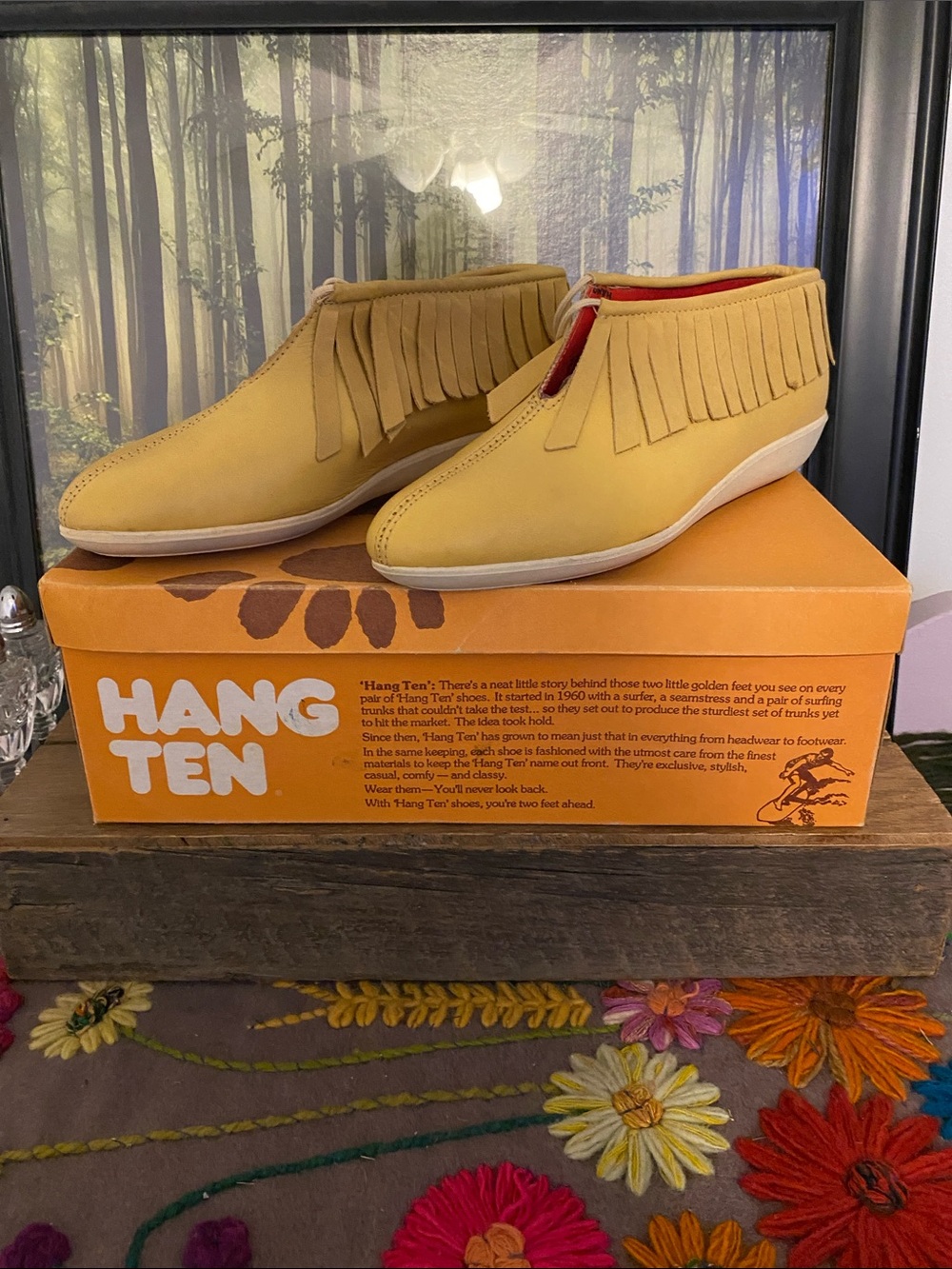 Hang Ten Women's Fringe Ankle Moccasins in Mustard Yellow, minimal wear